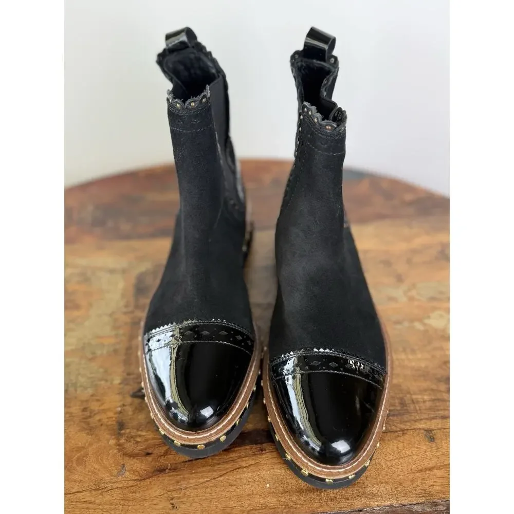 Free People Black Suede Chelsea Ankle Boots Patent Cap Toe Studded EU 38 US 7.5